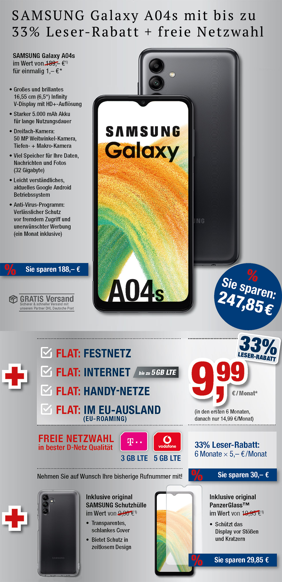 Für nur 1 €*: Samsung Galaxy A04s + Zubehör + All Net Flat für nur 9,99 €/Monat in den ersten 6 Monaten