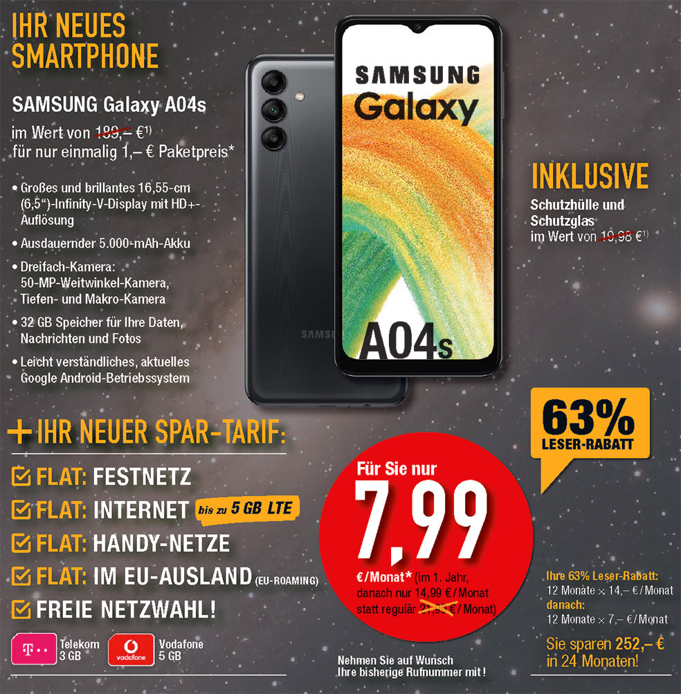 Für nur 1 €*: Samsung Galaxy A04s + Zubehör mit ALL NET SPAR-Tarif für 7,99 € pro Monat im 1. Jahr